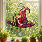 Personalized Frog on Witch Hat with Wine Holographic Acrylic Suncatcher