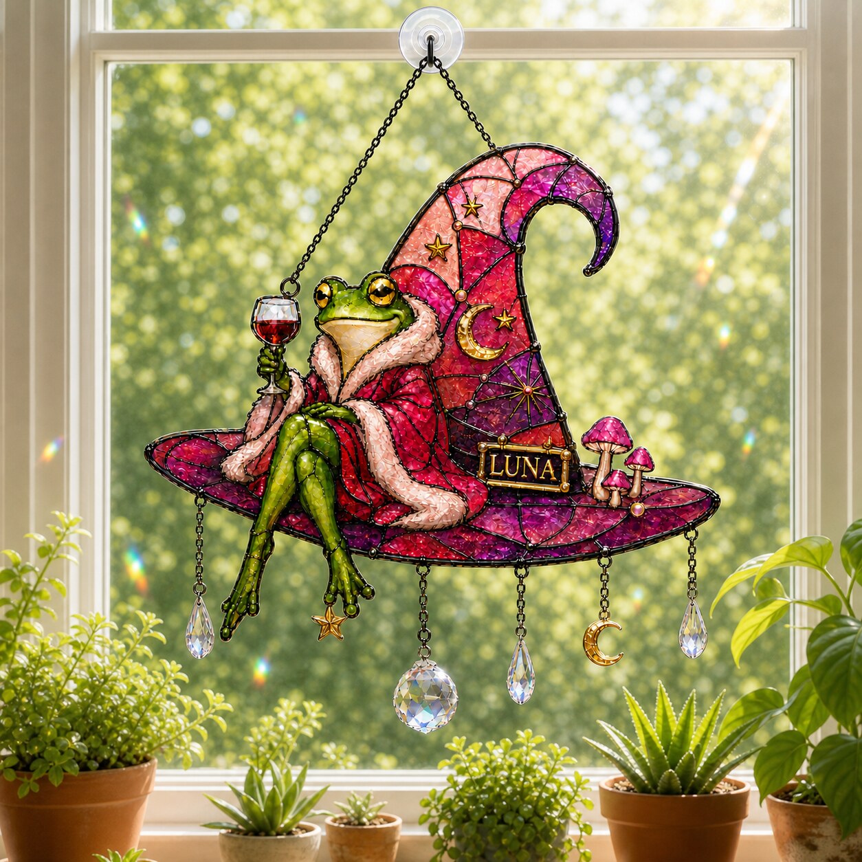 Personalized Frog on Witch Hat with Wine Holographic Acrylic Suncatcher