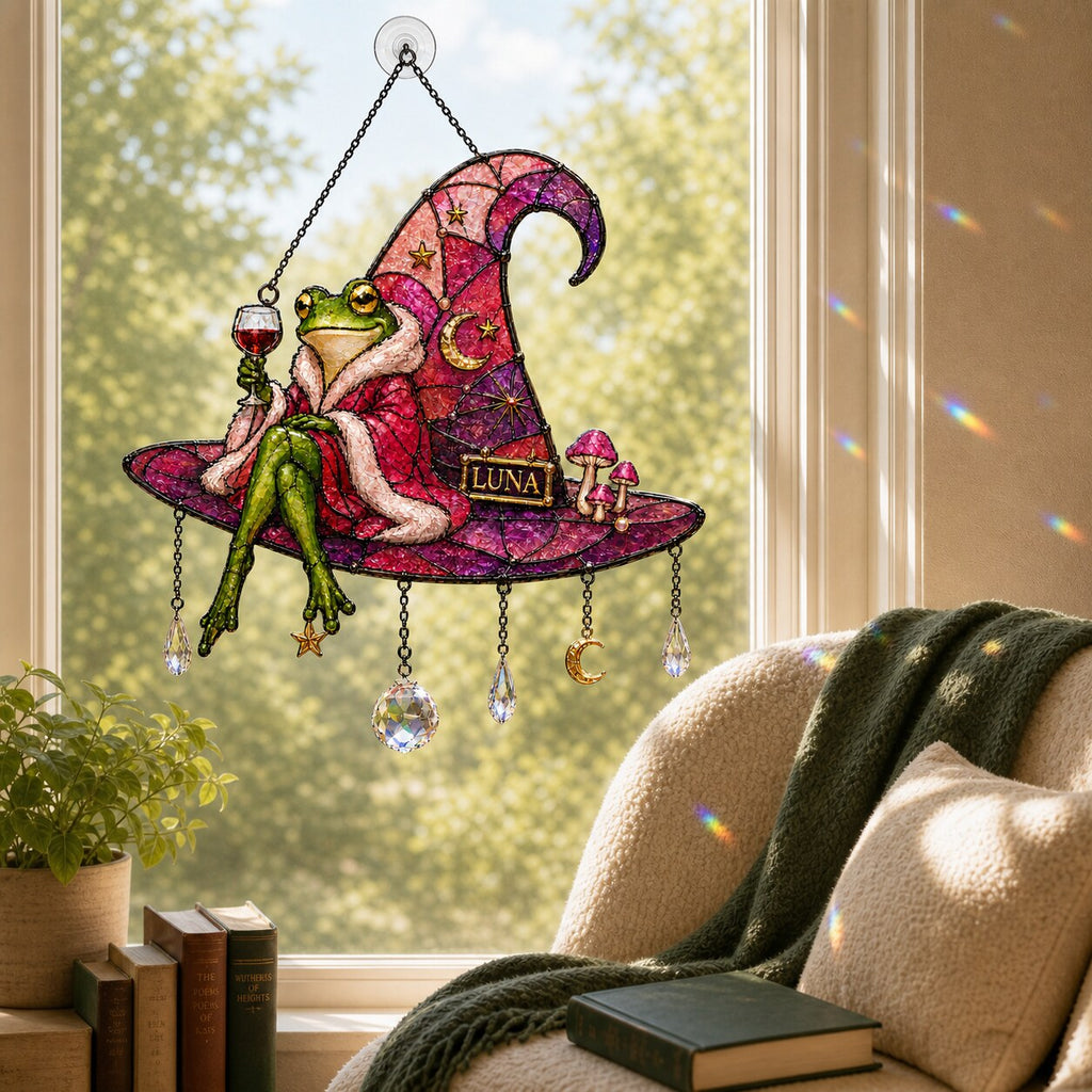 Personalized Frog on Witch Hat with Wine Holographic Acrylic Suncatcher