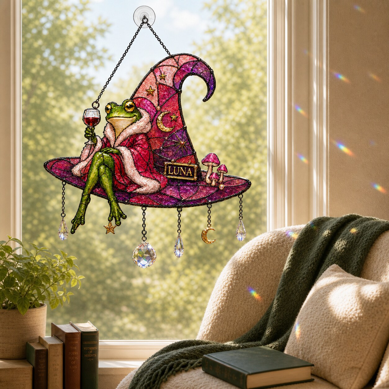 Personalized Frog on Witch Hat with Wine Holographic Acrylic Suncatcher