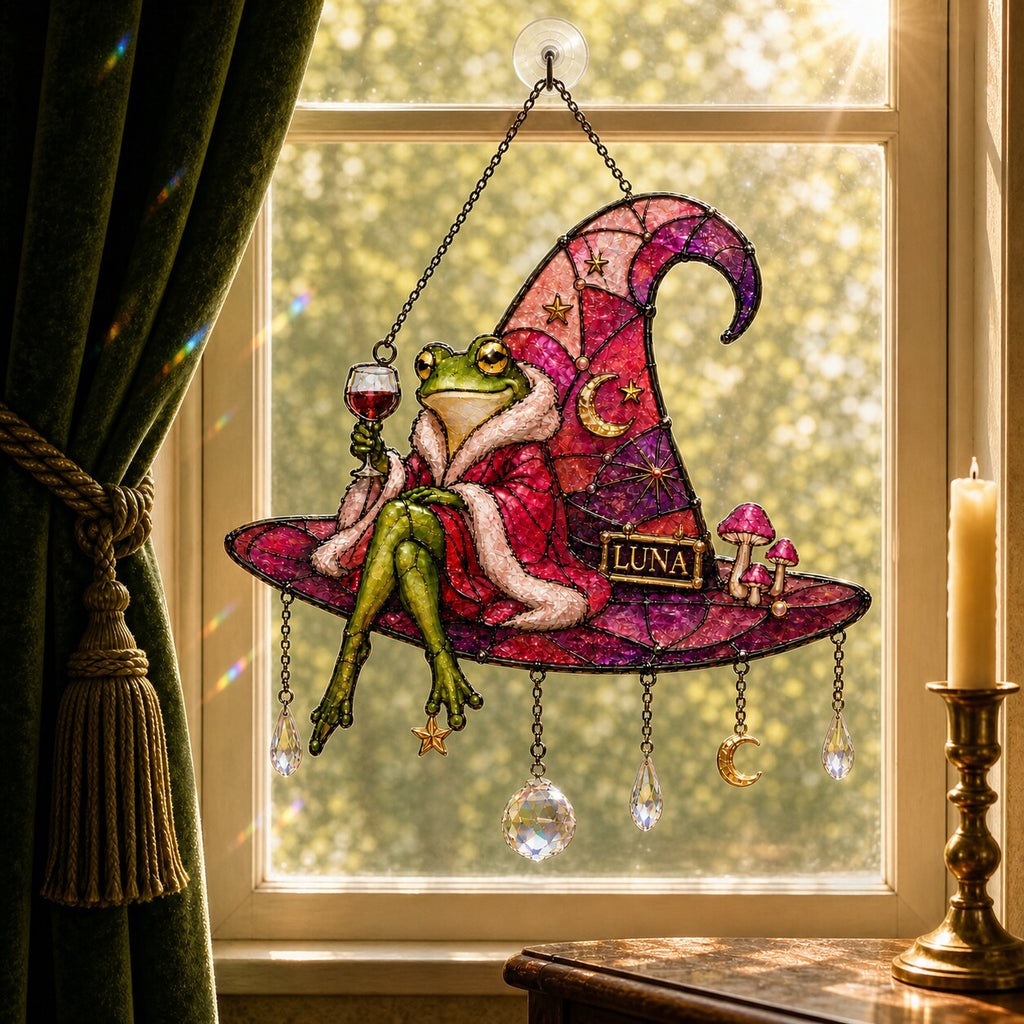 Personalized Frog on Witch Hat with Wine Holographic Acrylic Suncatcher