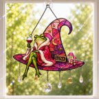 Personalized Frog on Witch Hat with Wine Holographic Acrylic Suncatcher