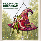 Personalized Frog on Witch Hat with Wine Holographic Acrylic Suncatcher