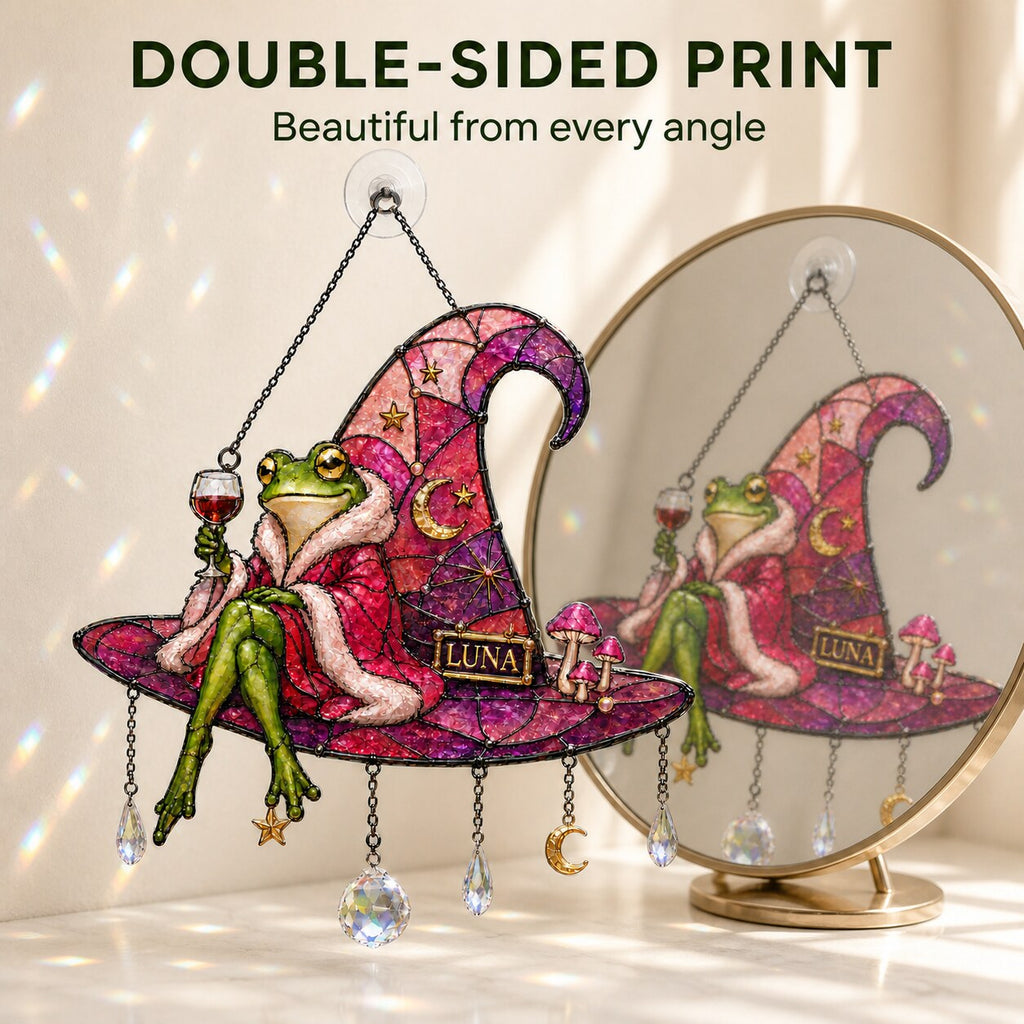 Personalized Frog on Witch Hat with Wine Holographic Acrylic Suncatcher
