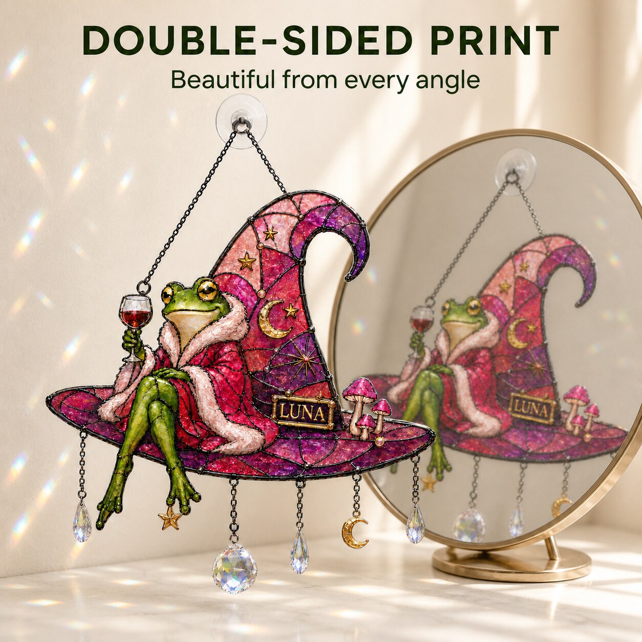 Personalized Frog on Witch Hat with Wine Holographic Acrylic Suncatcher