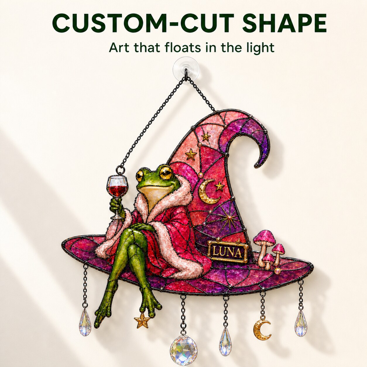 Personalized Frog on Witch Hat with Wine Holographic Acrylic Suncatcher