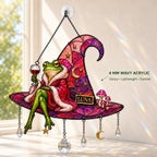 Personalized Frog on Witch Hat with Wine Holographic Acrylic Suncatcher