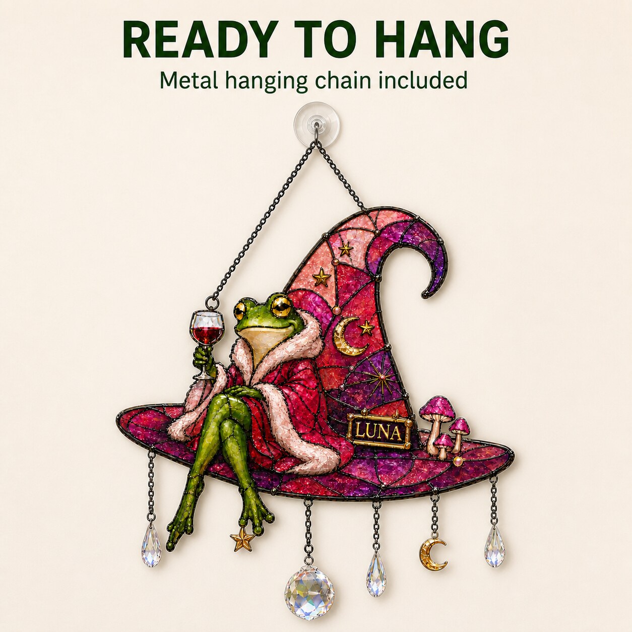 Personalized Frog on Witch Hat with Wine Holographic Acrylic Suncatcher
