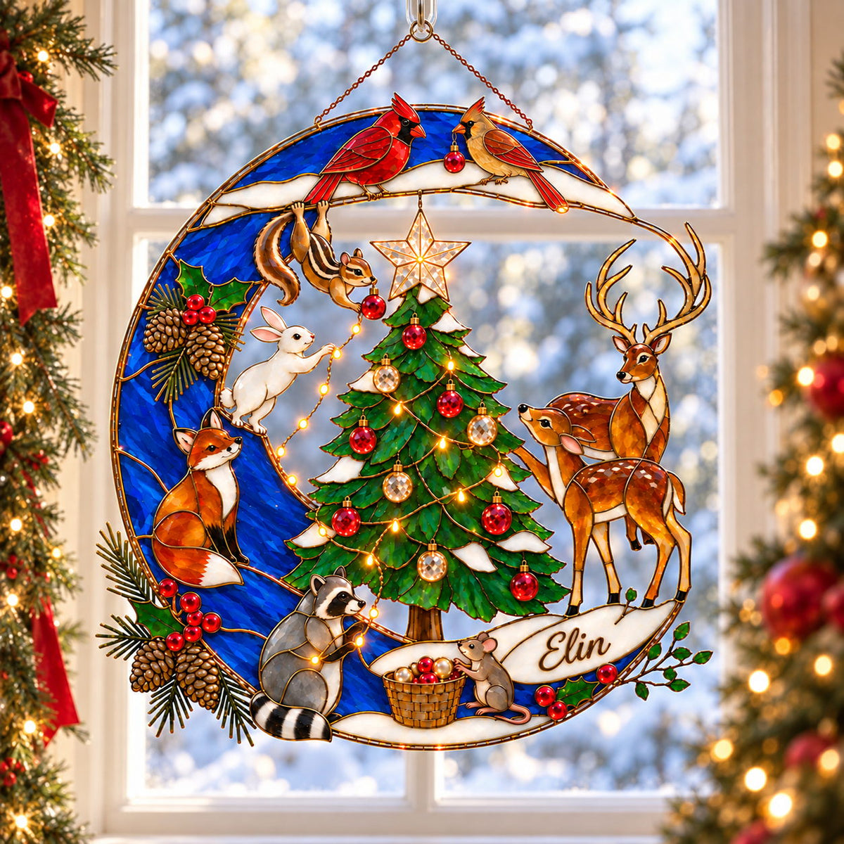 Personalized Woodland Christmas Cardinal Pair Crescent Moon Holographic Acrylic Suncatcher