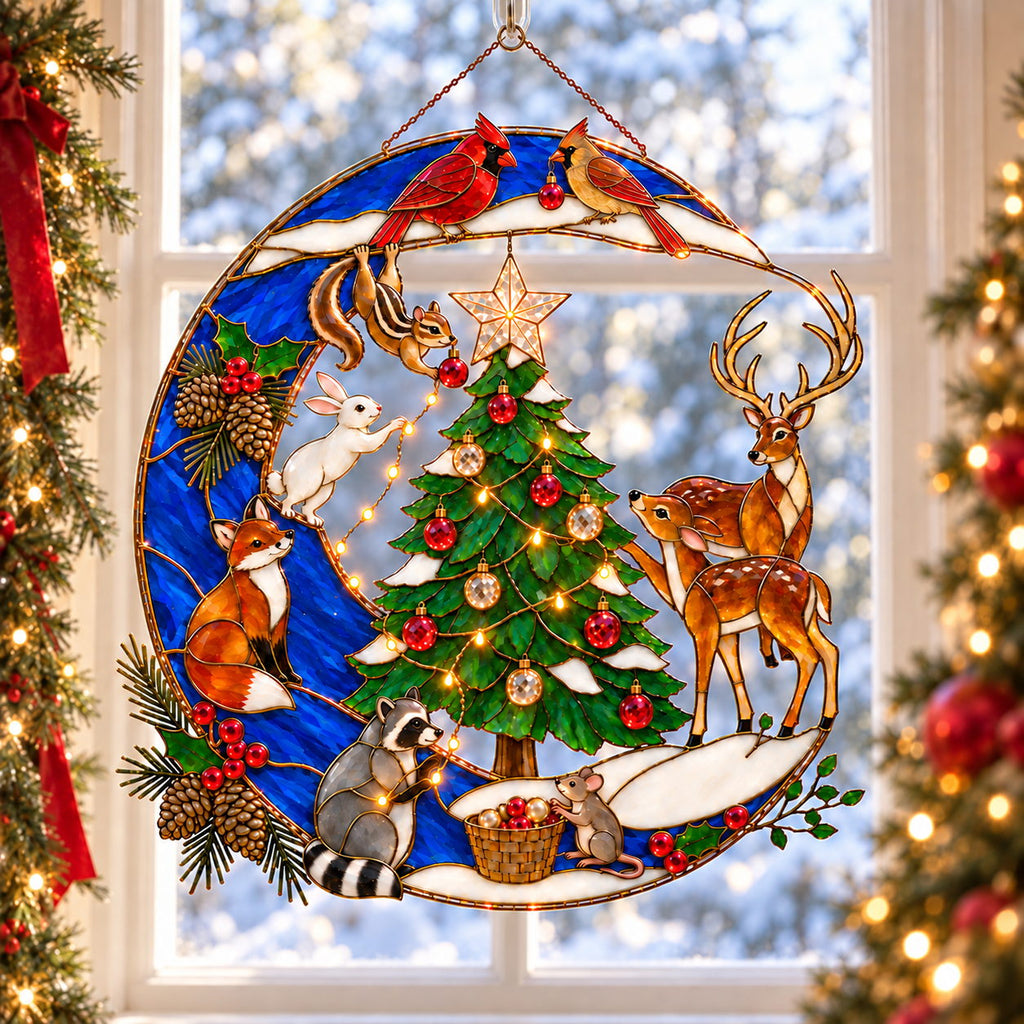 Personalized Woodland Christmas Cardinal Pair Crescent Moon Holographic Acrylic Suncatcher