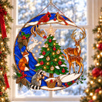 Personalized Woodland Christmas Cardinal Pair Crescent Moon Holographic Acrylic Suncatcher