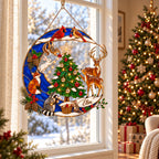 Personalized Woodland Christmas Cardinal Pair Crescent Moon Holographic Acrylic Suncatcher
