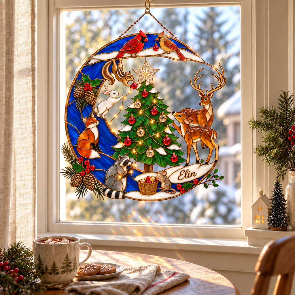 Personalized Woodland Christmas Cardinal Pair Crescent Moon Holographic Acrylic Suncatcher