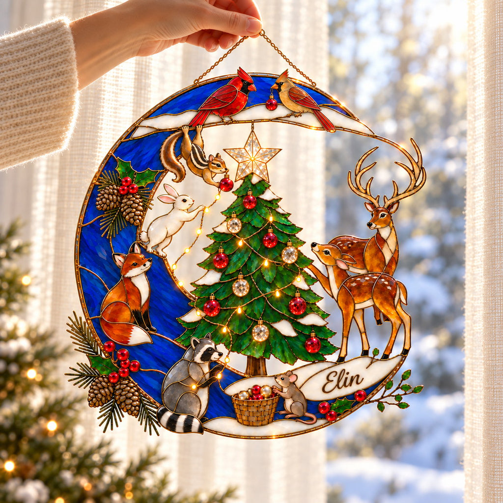Personalized Woodland Christmas Cardinal Pair Crescent Moon Holographic Acrylic Suncatcher