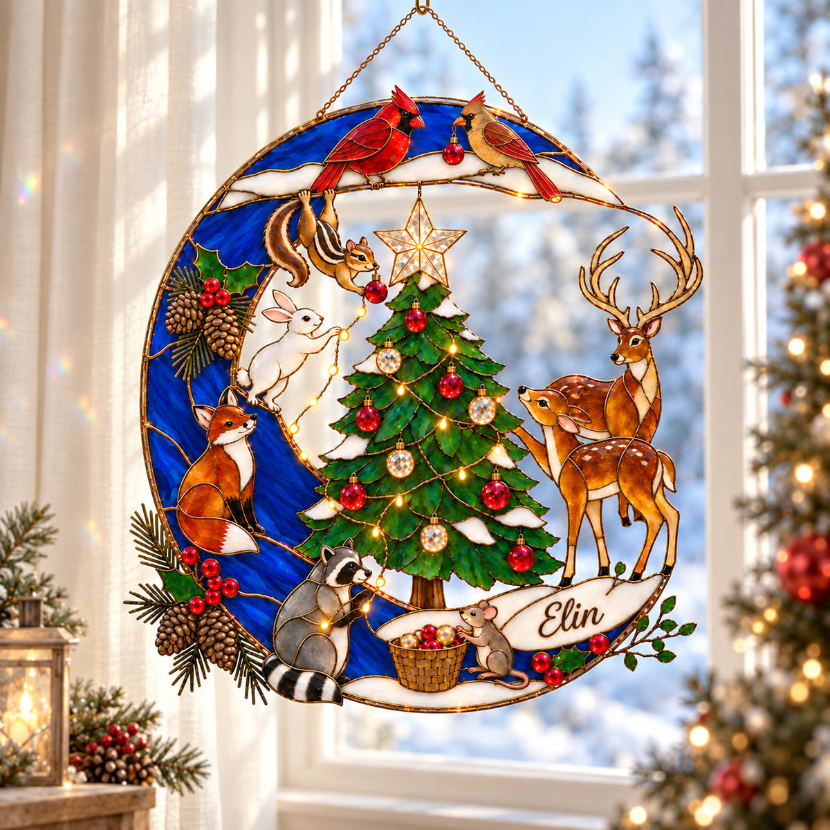 Personalized Woodland Christmas Cardinal Pair Crescent Moon Holographic Acrylic Suncatcher