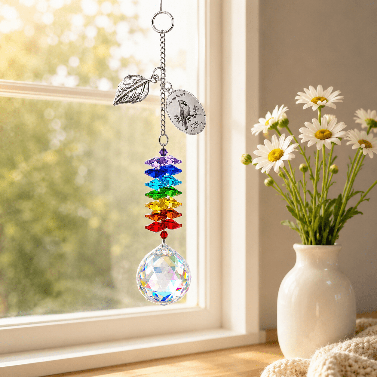 Personalized cardinal memorial crystal suncatcher hanging by a sunny window with silver leaf charm, custom oval cardinal charm, rainbow crystals, and clear crystal ball