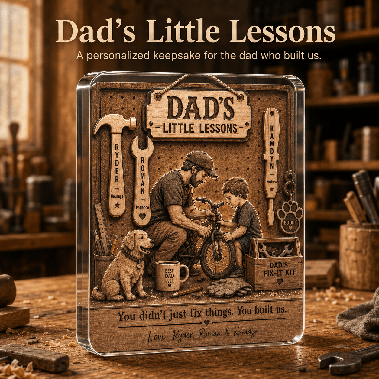 Personalized Dad's Little Lessons family keepsake acrylic plaque for Father's Day