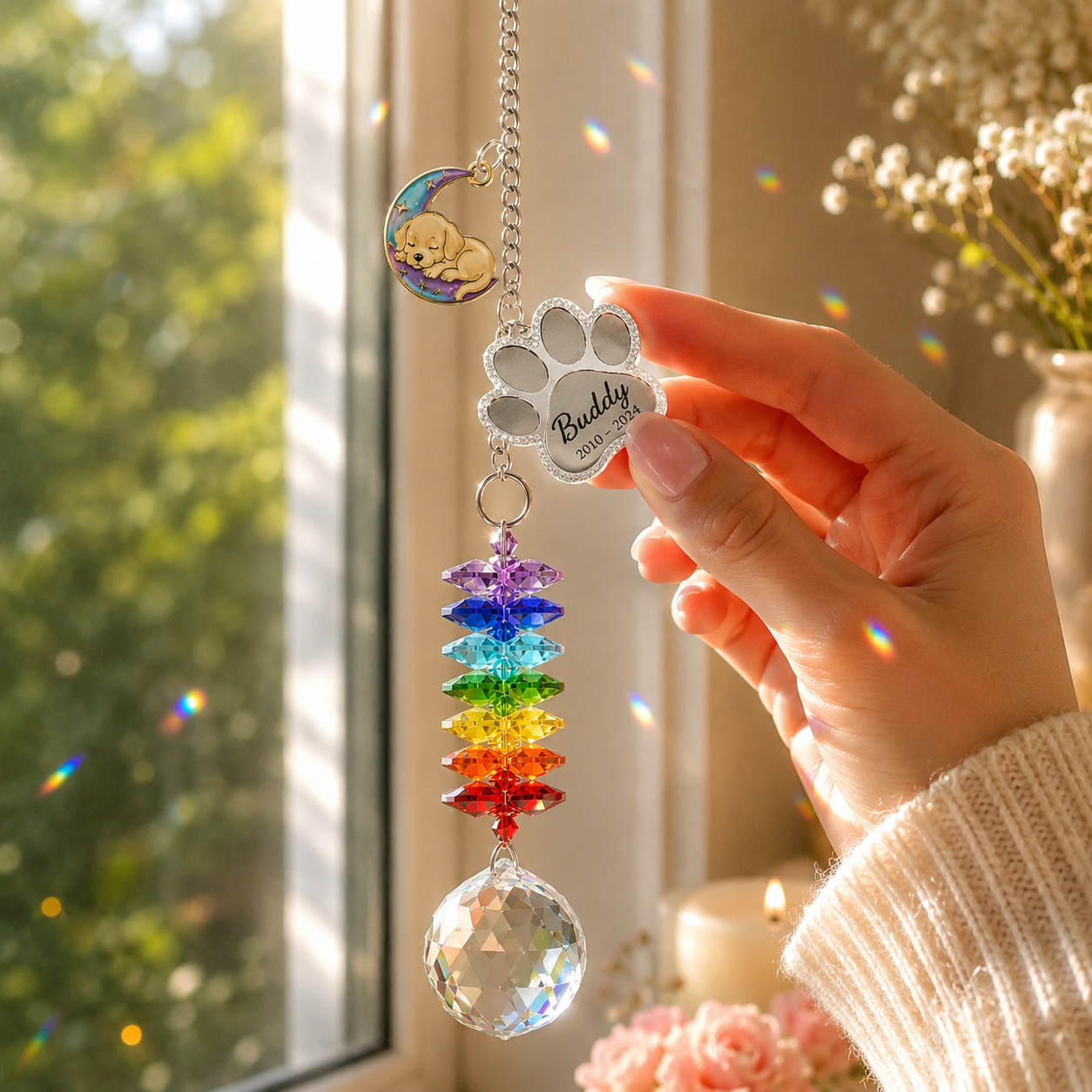 Hand holding personalized dog memorial moon crystal suncatcher near a sunny window with rainbow crystal reflections