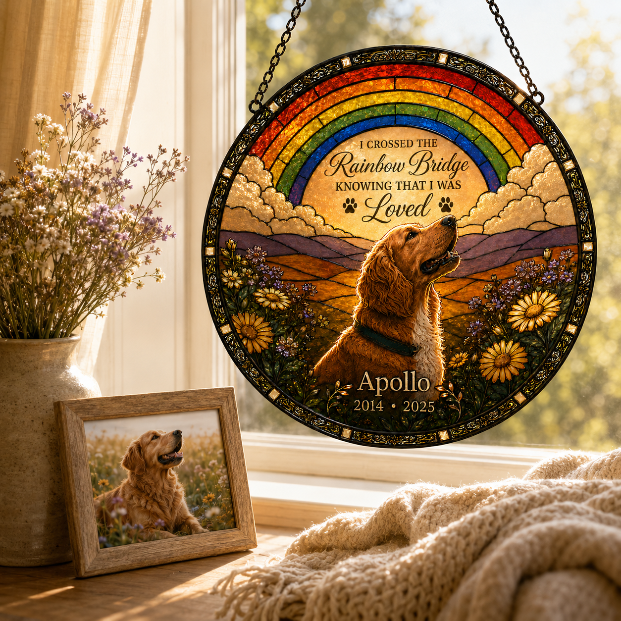 Personalized dog memorial suncatcher for Apollo displayed by a window beside a framed pet photo