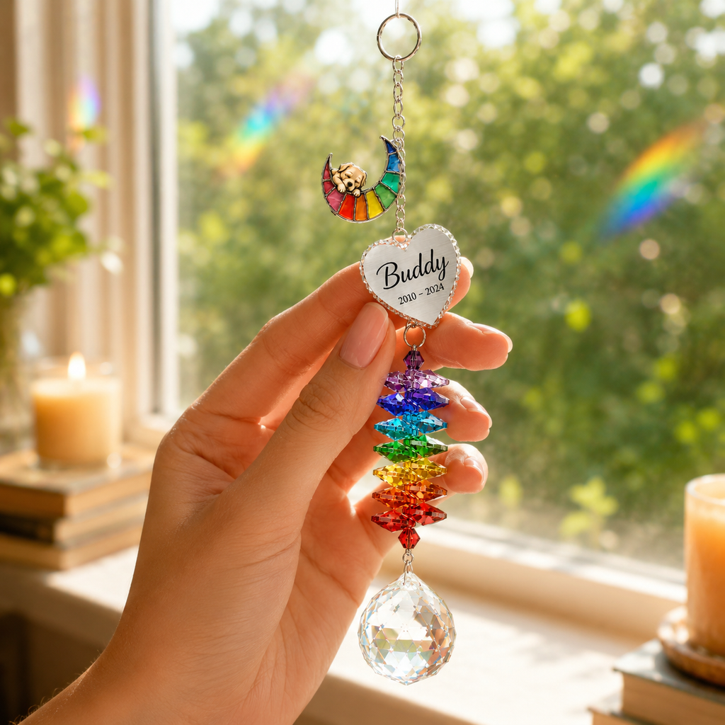 Hand holding personalized dog memorial Rainbow Bridge crystal suncatcher near a sunny window with warm light and rainbow reflections