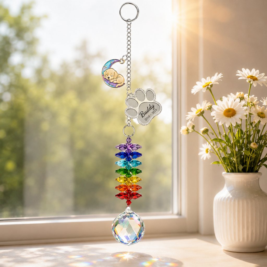 Personalized dog memorial moon crystal suncatcher hanging by a sunny window beside a white vase of daisies