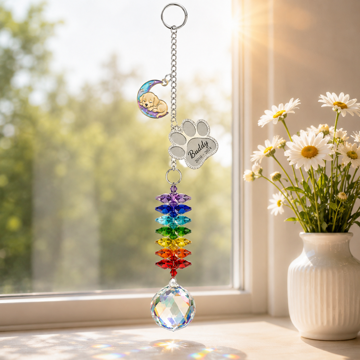 Personalized dog memorial moon crystal suncatcher hanging by a sunny window beside a white vase of daisies