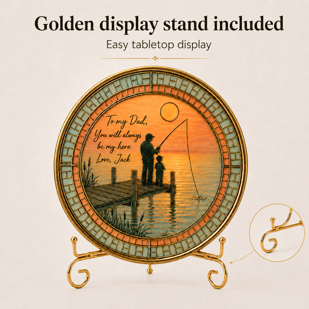 Personalized fishing dad plaque with golden display stand for tabletop decor