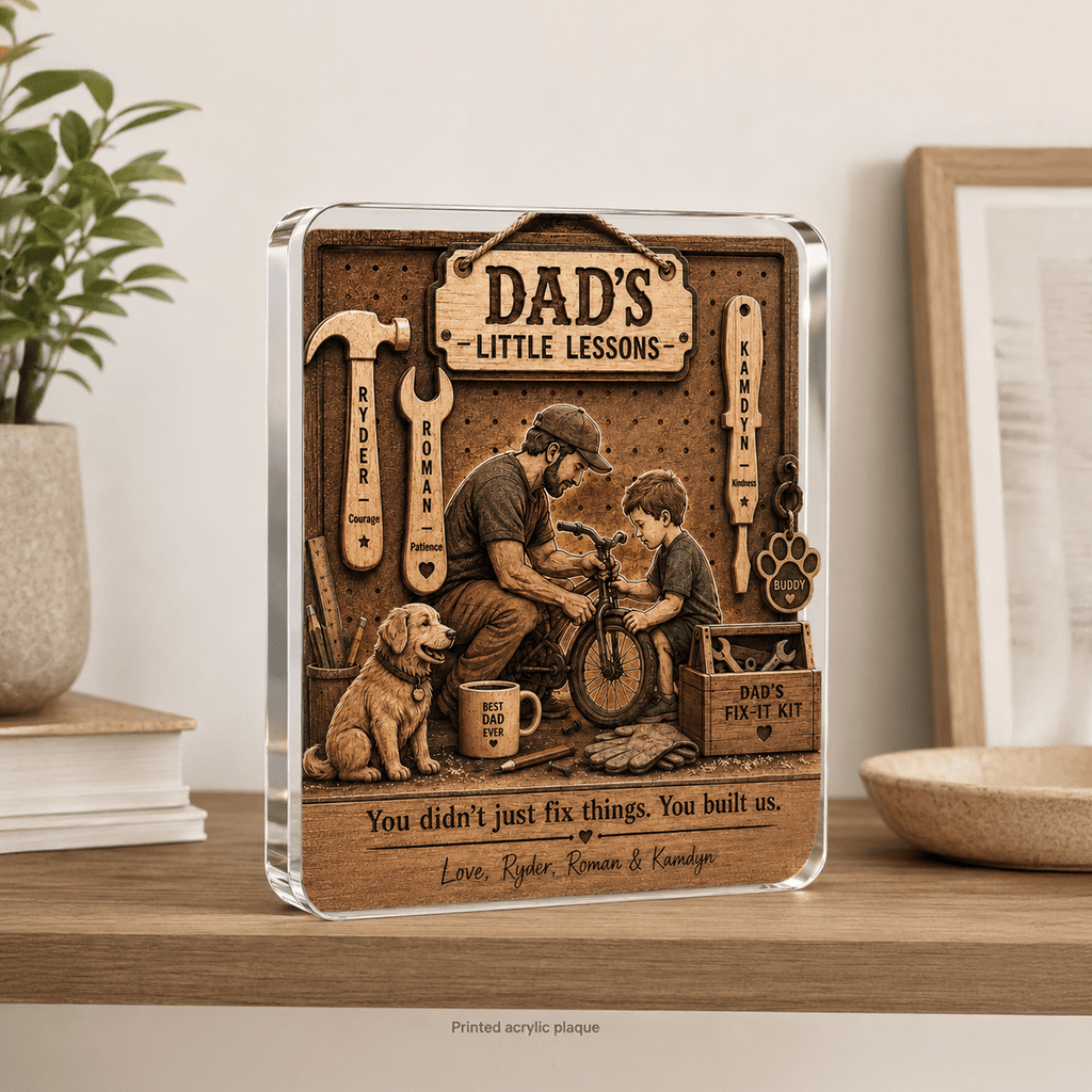 Personalized handyman dad gift acrylic plaque displayed on wooden shelf
