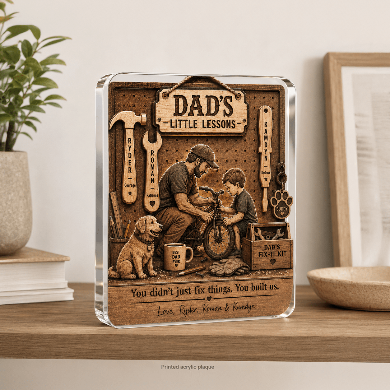 Personalized handyman dad gift acrylic plaque displayed on wooden shelf