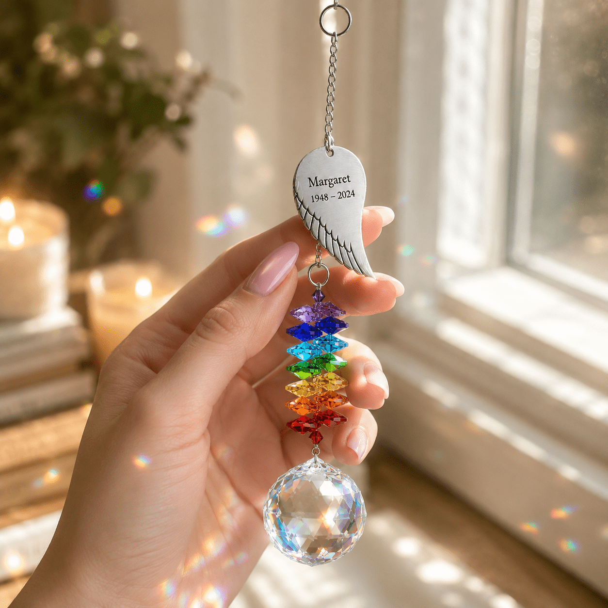 Hand holding personalized memorial angel wing crystal suncatcher near a sunny window with rainbow crystal reflections