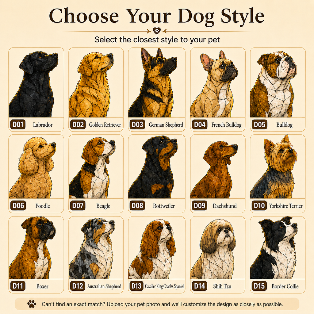 Dog style options for a personalized Rainbow Bridge pet memorial suncatcher