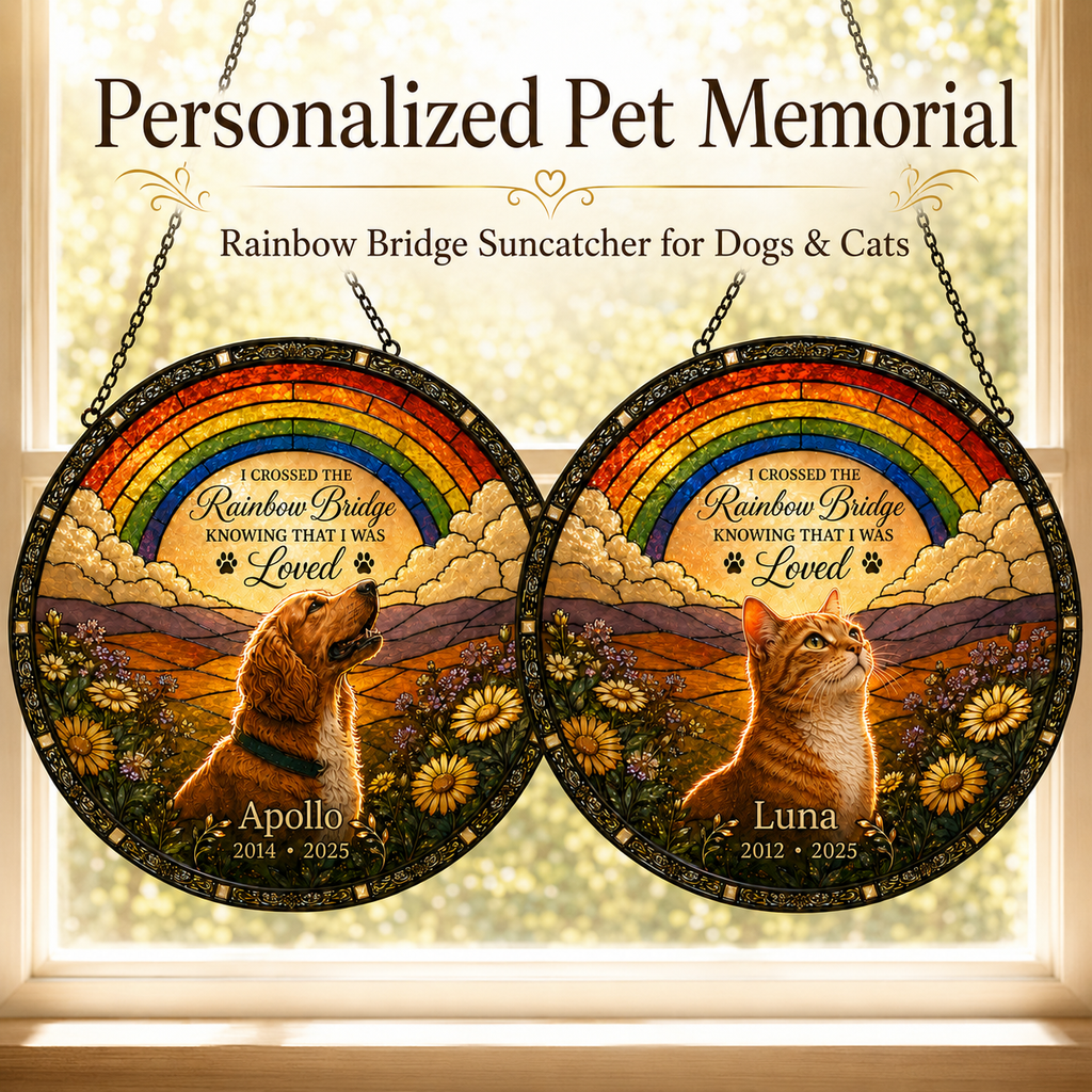 Personalized Rainbow Bridge pet memorial suncatcher for a dog and cat with custom names and years