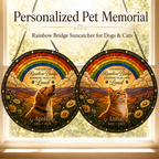 Personalized Rainbow Bridge pet memorial suncatcher for a dog and cat with custom names and years