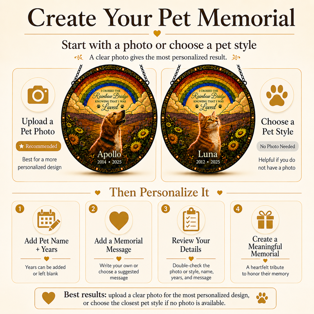 How to personalize a Rainbow Bridge pet memorial suncatcher by uploading a pet photo or choosing a dog or cat style, then adding a name,years and quote.
