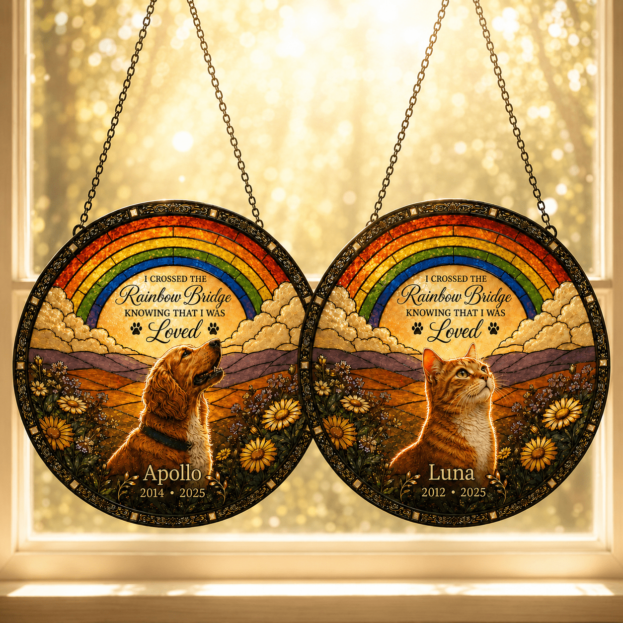 Personalized Rainbow Bridge pet memorial glass suncatchers for a dog and cat hanging in a warm sunlit window with custom names and years