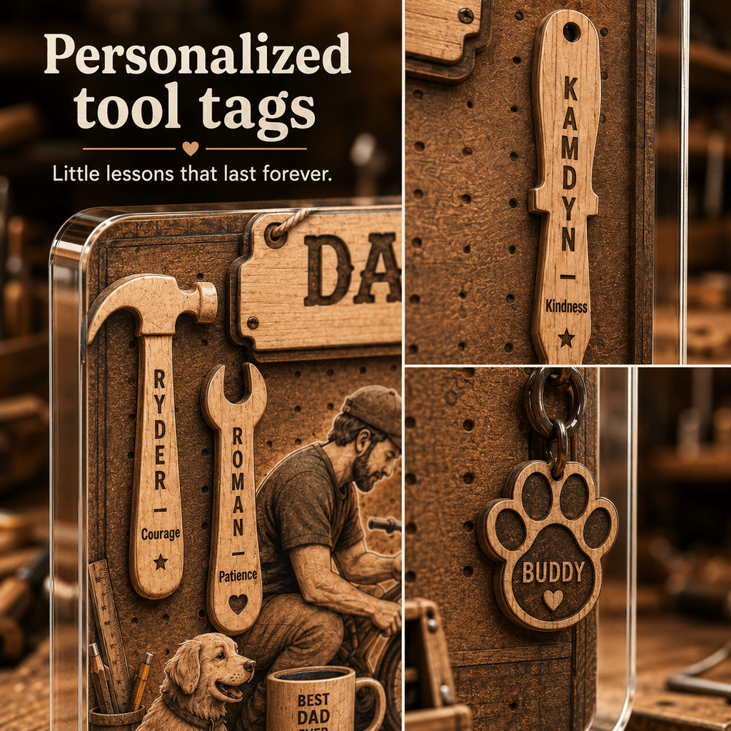 Personalized tool tags with custom kids names on Dad's Little Lessons plaque