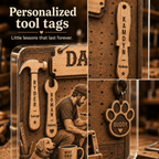 Personalized tool tags with custom kids names on Dad's Little Lessons plaque