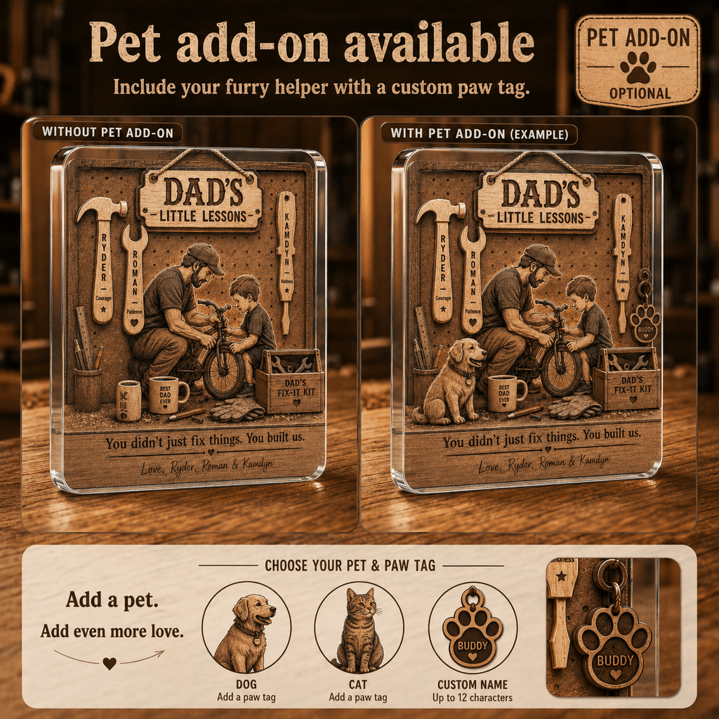 Personalized dad plaque with optional pet add on and custom paw tag