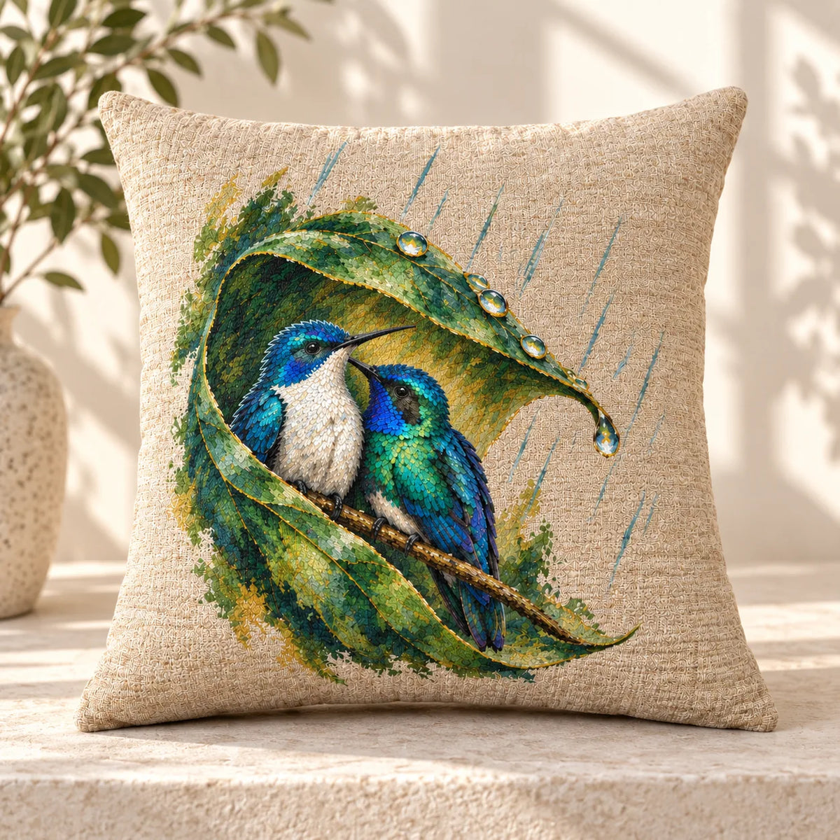 Wait Out the Rain Hummingbird Couple Woven Throw Pillow