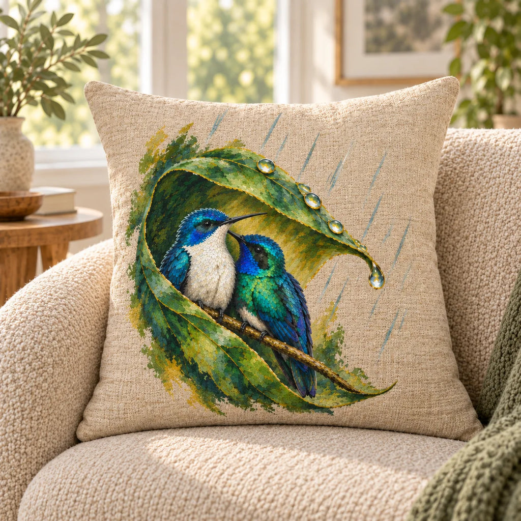 Wait Out the Rain Hummingbird Couple Woven Throw Pillow