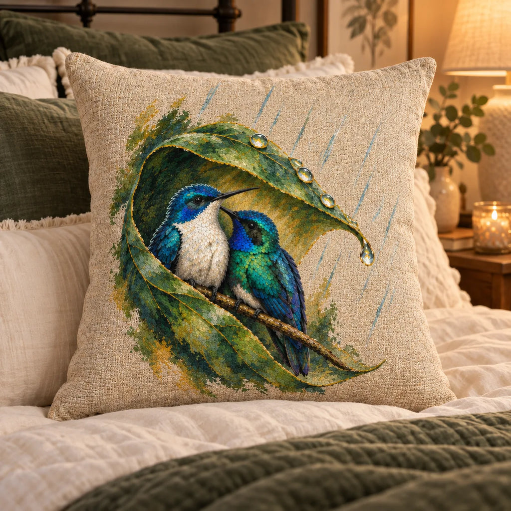 Wait Out the Rain Hummingbird Couple Woven Throw Pillow