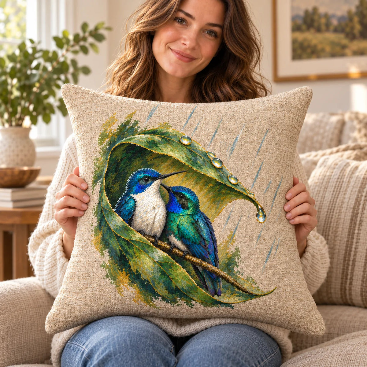 Wait Out the Rain Hummingbird Couple Woven Throw Pillow
