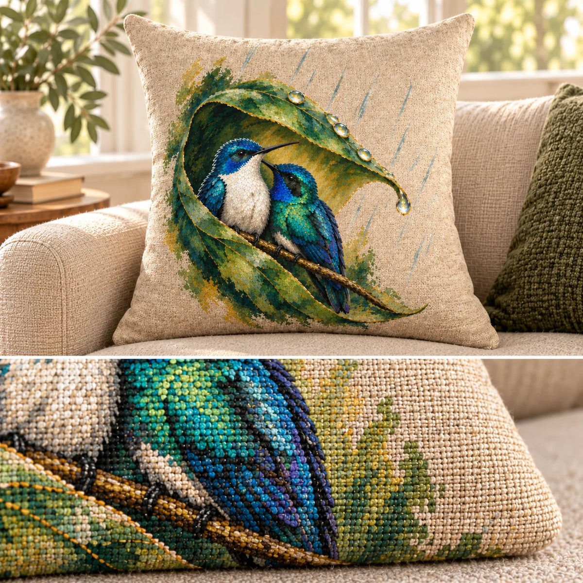 Wait Out the Rain Hummingbird Couple Woven Throw Pillow