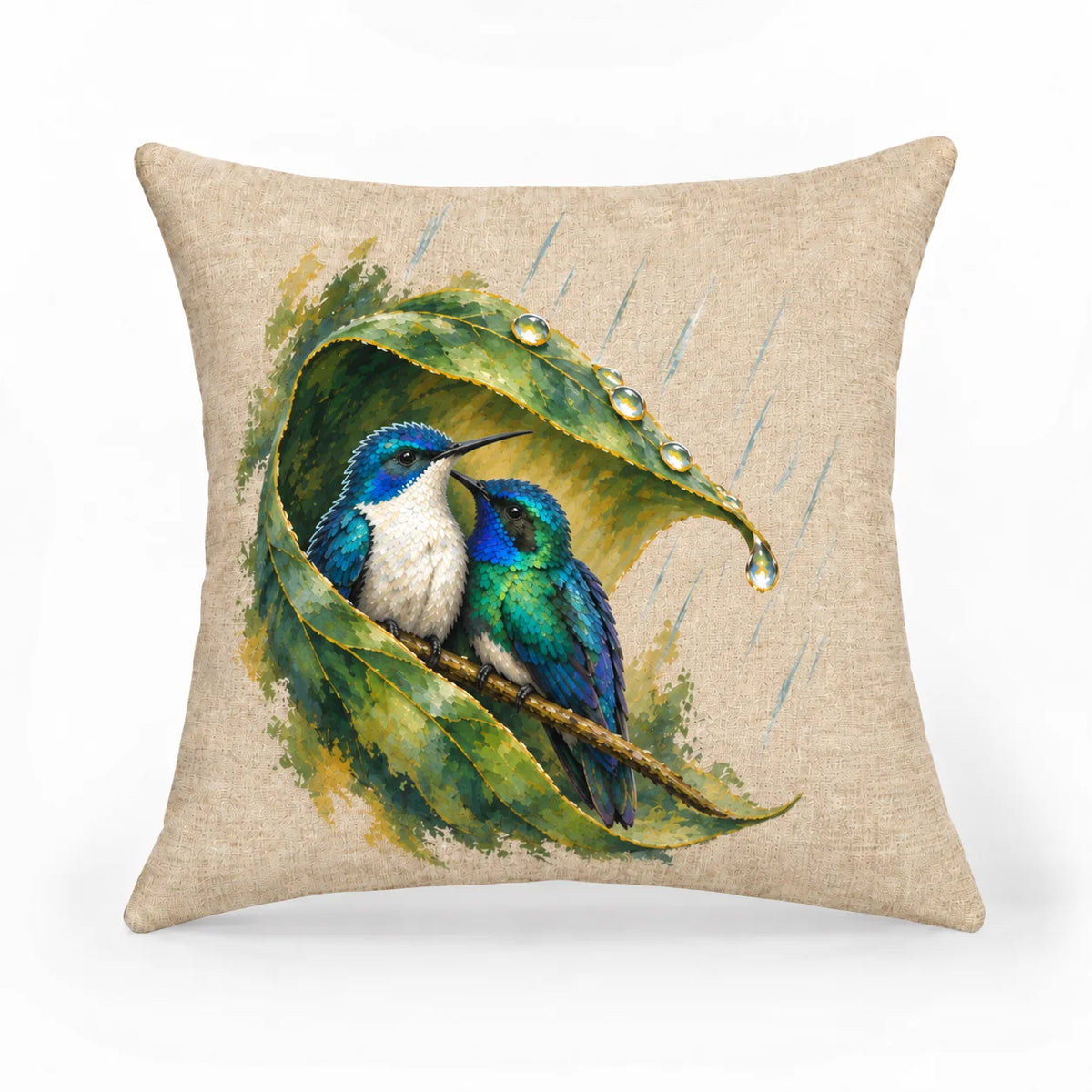 Wait Out the Rain Hummingbird Couple Woven Throw Pillow