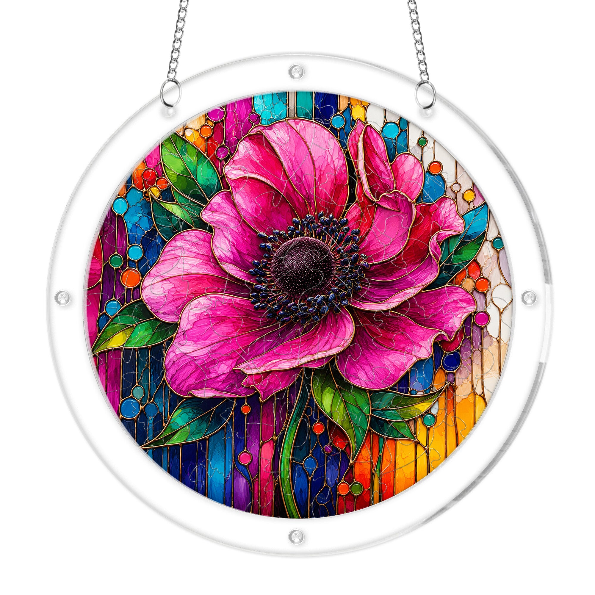 Pink anemone acrylic puzzle suncatcher, colorful DIY floral window decor