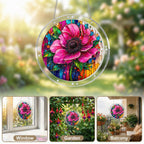 Pink anemone acrylic puzzle suncatcher, colorful DIY floral window decor