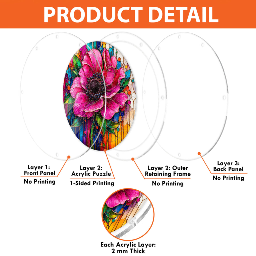 Pink anemone acrylic puzzle suncatcher, colorful DIY floral window decor
