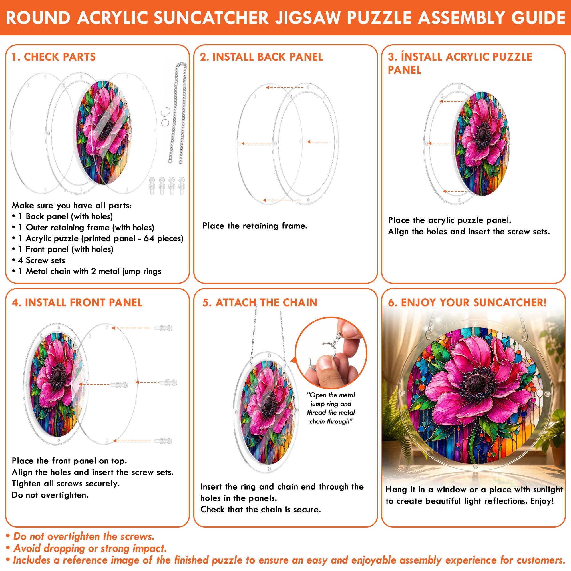Pink anemone acrylic puzzle suncatcher, colorful DIY floral window decor