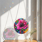 Pink anemone acrylic puzzle suncatcher, colorful DIY floral window decor