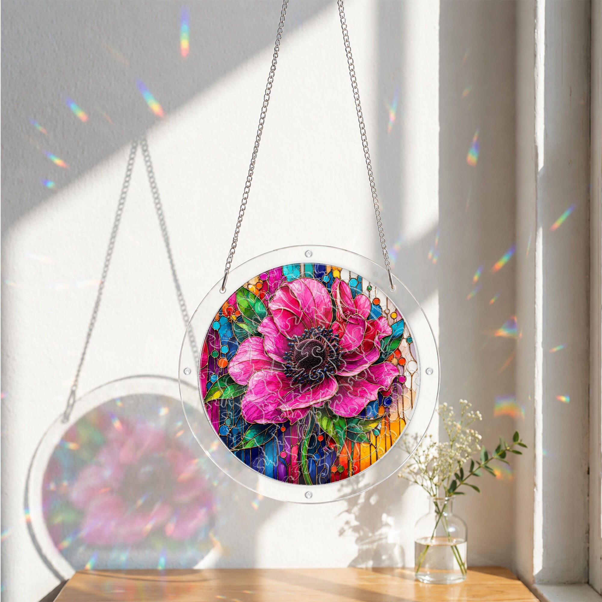 Pink anemone acrylic puzzle suncatcher, colorful DIY floral window decor